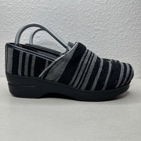 Dansko Clogs Black Gray Vegan Faux Leather Striped Clogs - Picture 1 of 7